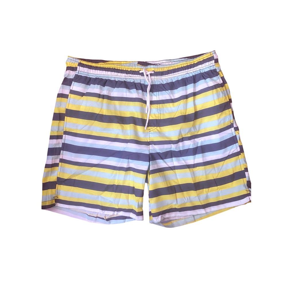 Crane Mens Striped Swim Trunks Yellow Grey Blue Board Shorts Size Large